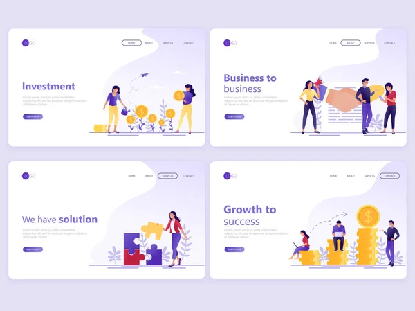 Conjunto de plantillas de Landing page. Inversión empresarial, asociación, consultoría financiera, crecimiento al éxito. Conceptos de ilustración vectorial plana para una página web o sitio web . — Vector de stock