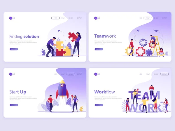 Conjunto de plantillas de Landing page. Aplicación de servicio empresarial, trabajo en equipo, puesta en marcha, solución, flujo de trabajo. Conceptos de ilustración vectorial plana para una página web o sitio web . — Archivo Imágenes Vectoriales