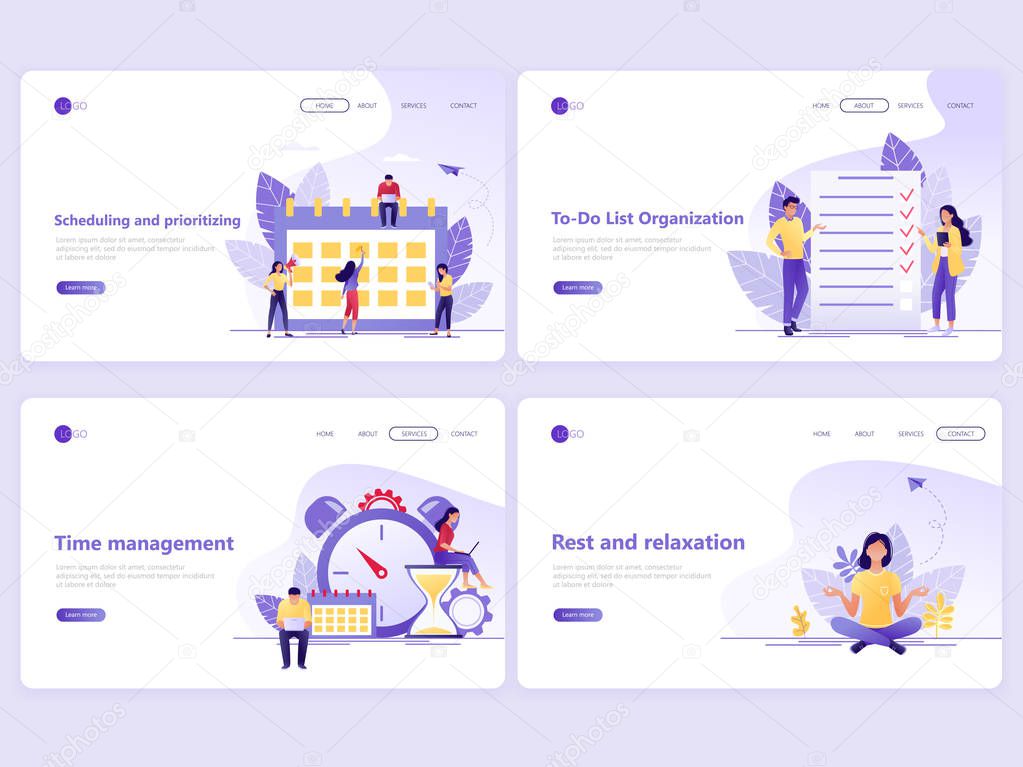Set of Landing page templates. Business planning, time management, strategy and organization. Flat vector illustration concepts for a web page or website.
