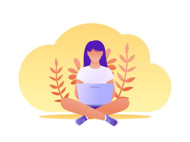 Dizüstü bilgisayar ile katta oturan bir genç bayan. Serbest, online alışveriş, internet'te sörf ev, uzaktan eğitim, çalışma. Düz vektör çizim.