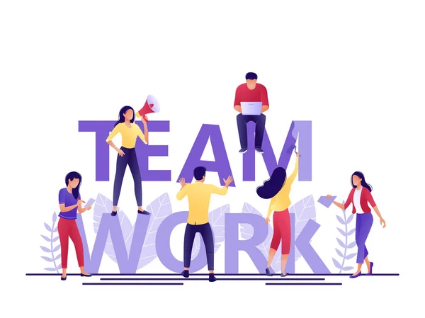 Team arbete bokstäver. Lite folk bygga ordet teamwork tillsammans. Skapa ett affärsprojekt. Flat begreppet vektorillustration för webbsida, banner, presentation. — Stock vektor