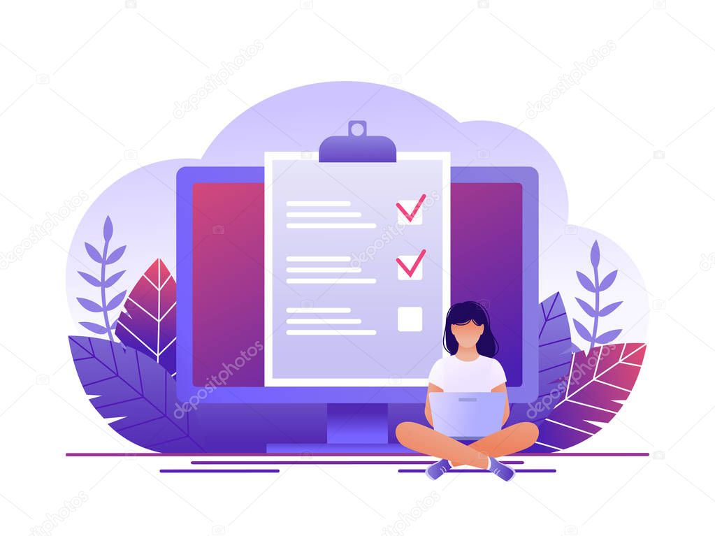 Month planning, to do list, time management. Woman is sitting with laptop and working with data near large computer monitor. Flat concept vector illustration.