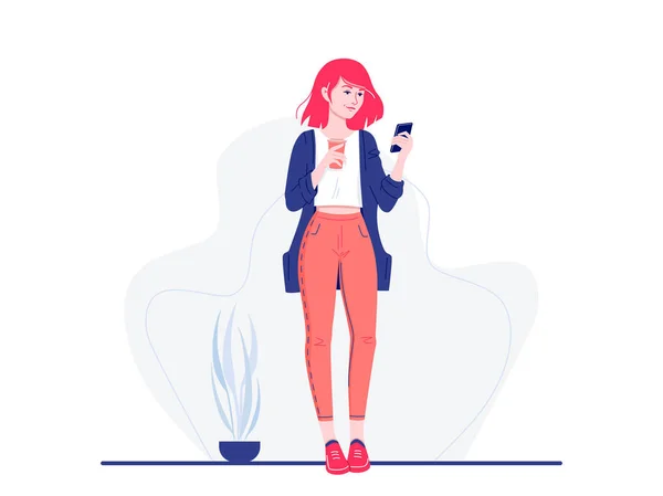 Jejaring sosial. Wanita muda bahagia berdiri dengan smartphone dan kopi chatting dengan teman-teman. Komunikasi internet. Ilustrasi vektor datar terisolasi . - Stok Vektor