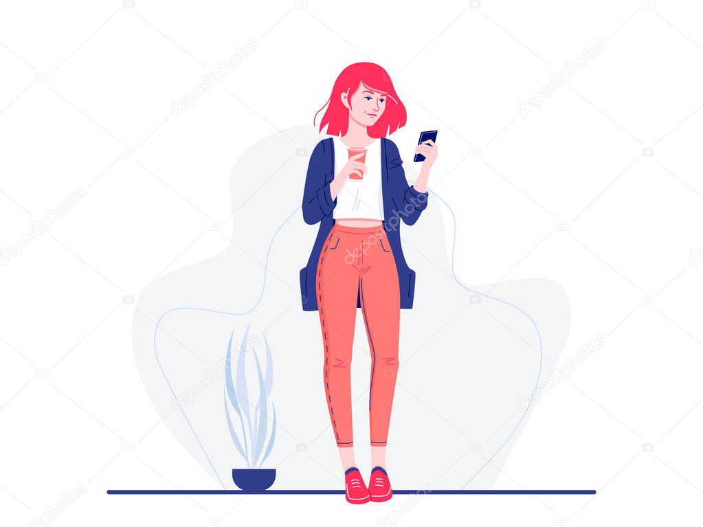 Social networks. Young happy woman standing with smartphone and coffee chatting with friends. Internet communication. Isolated flat vector illustration.