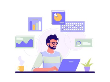 Ofis çalışanı. Adam dizüstü bilgisayarında ve arka plandaki bilgi grafikleri üzerinde çalışıyor. Mavi, yeşil, sarı. Yalıtılmış düz vektör çizimi.