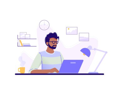 Ofis çalışanı. Adam ofis inde dizüstü bilgisayarında çalışıyor. Mavi, yeşil, sarı. Yalıtılmış düz vektör çizimi.
