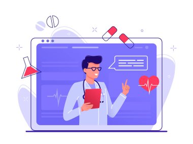 Online sağlık. Tıbbi Danışma doktor ile Internet tarafından. Tıp kavramı. Tıbbi hizmet Online hastalar için. Teletıp. Vektör çizim.