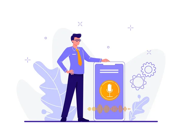 Voice Assistant. Zakenman in de buurt van smartphone. Speaker herkenning, spraakgestuurde Smart speaker. Spraakgestuurde digitale assistenten, identificatie. Vlakke concept vector illustratie. — Stockvector