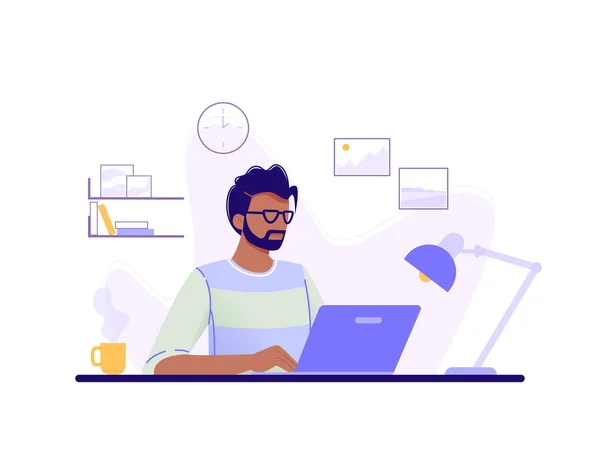 Ofis çalışanı. Adam ofis inde dizüstü bilgisayarında çalışıyor. Mavi, yeşil, sarı. Yalıtılmış düz vektör çizimi.