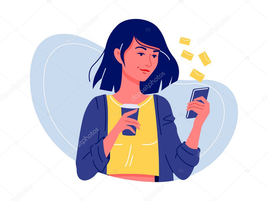 Social networks. Young happy woman standing with smartphone and coffee chatting with friends. Internet communication. Isolated flat vector illustration.