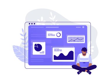 Ofis çalışanı. Adam büyük bilgisayar monitörü ve arka planda infographics yakın onun laptop çalışıyor. Verilerle, analizlerle çalış. Yalıtılmış düz vektör çizimi.