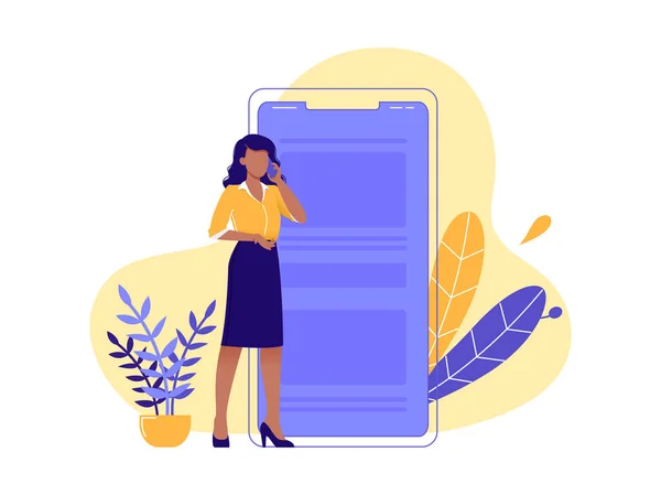 Telefonda konuşuyor, sohbet ediyor. Genç kadın büyük akıllı telefonun yanında duruyor ve telefonla iş görüşmeleri yürütüyor. Yalıtılmış düz vektör çizimi.