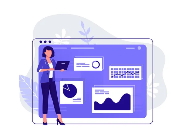 Ofis çalışanı. Kadın büyük bilgisayar monitörü ve arka planda infographics yakın onu dizüstü bilgisayar çalışıyor. Verilerle, analizlerle çalış. Yalıtılmış düz vektör çizimi.