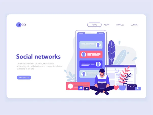 Plantilla de landing page web. Social, redes, medios de comunicación, marketing online, comunicación, chat vía internet. Ilustración de vector de concepto plano . — Archivo Imágenes Vectoriales