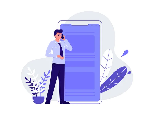 Telefonda konuşuyor, sohbet ediyor. Büyük akıllı telefonun yanında duran ve iş görüşmelerini telefonla yürüten genç adam. Yalıtılmış düz vektör çizimi.
