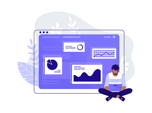 Ofis çalışanı. Adam büyük bilgisayar monitörü ve arka planda infographics yakın onun laptop çalışıyor. Verilerle, analizlerle çalış. Yalıtılmış düz vektör çizimi.