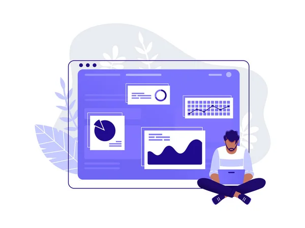 Irodai dolgozó. Az ember dolgozik az ő laptop közelében nagy számítógép-monitor és a infographics a háttérben. Munka adatokkal, elemzéssel. Elkülönített síkvektorillusztráció. — Stock Vector
