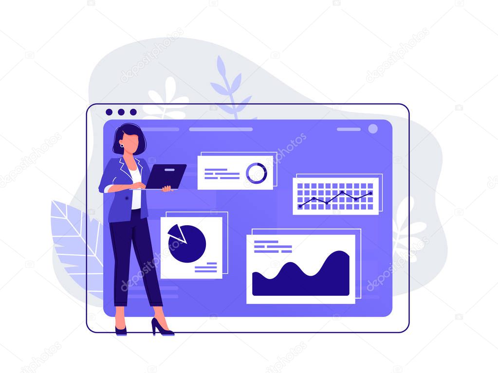 Office worker. Woman is working at her laptop near big computer monitor and the infographics on the background. Work with data, analysis. Isolated flat vector illustration.
