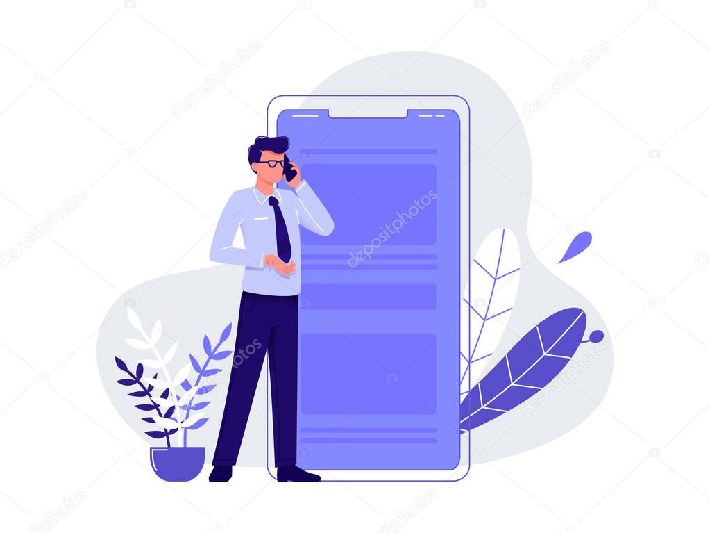 Talking on the phone, chatting. Young man standing near big smartphone and conducting business negotiations by phone. Isolated flat vector illustration.