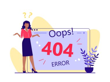 Hata 404, sayfa bulunamadı, Internet'ten kopukluk, kullanılamayan sayfa. Kadın büyük bilgisayar ekranı yakınında duruyor, Düz vektör kavramı illüstrasyon beyaz izole.