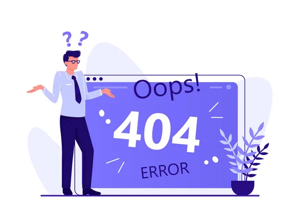 Hata 404, sayfa bulunamadı, Internet'ten kopukluk, kullanılamayan sayfa. Adam büyük bilgisayar ekranı, Düz vektör kavramı illüstrasyon beyaz izole yakınında duruyor.