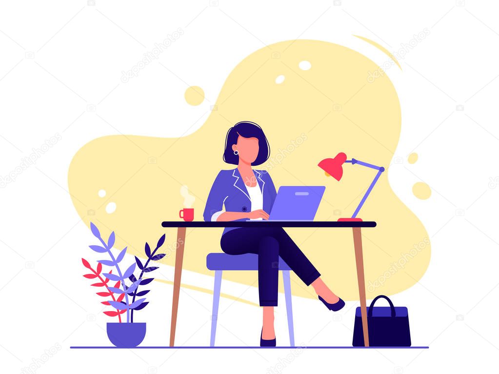 Office worker. Businesswoman is sitting at the desk and working on the laptop. Flat vector concept illustration isolated on white.