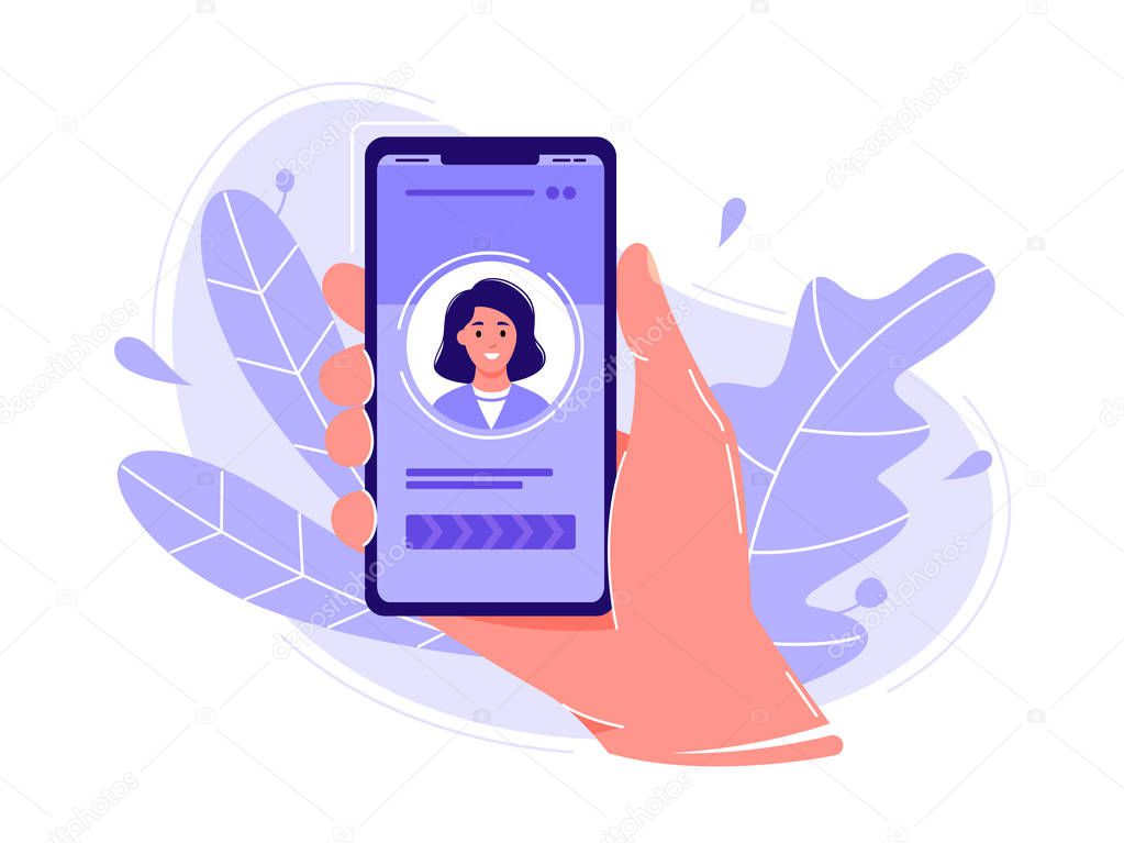 Hand holding smartphone with photo of the woman. Concept of phone call, applications, selfie or social networks. Flat concept vector illustration, isolated on white.