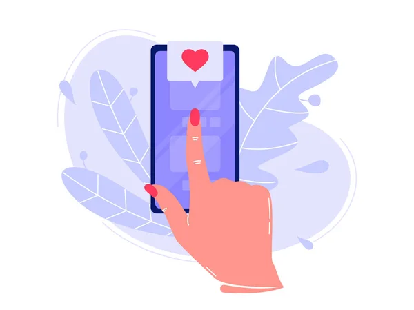 Forefinger sta premendo il pulsante sullo smartphone in applicazione e mi piace. Social network, rating. Illustrazione del concetto di vettore piatto isolato su bianco . — Vettoriale Stock