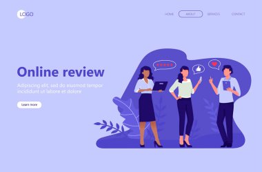 Web açılış sayfası şablonu. Çevrimiçi inceleme. İnsanlar yıldız, geri bildirim ve derecelendirme veriyorlar. Başparmak yukarı, yıldızlar sıra, simgeler gibi. Web, mobil uygulama, Ui, Ux, site için düz vektör illüstrasyon.