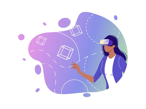 Wirtualna rzeczywistość. Gier VR, gier wideo, gry online. Kobieta z okularami VR. Płaska ilustracja koncepcja wektor na białym tle. — Wektor stockowy