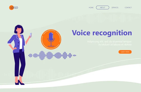 Modello di pagina di destinazione Web. Pulsante microfono con linea di imitazione del suono. Assistente personale e riconoscimento vocale. Tecnologie moderne. Illustrazione vettoriale piatto . — Vettoriale Stock