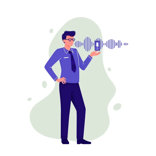 Asistente personal y reconocimiento de voz. Hombre hablando con teléfono inteligente con micrófono y línea de imitación de sonido en el fondo. Tecnologías modernas. Ilustración vectorial plana . — Vector de stock