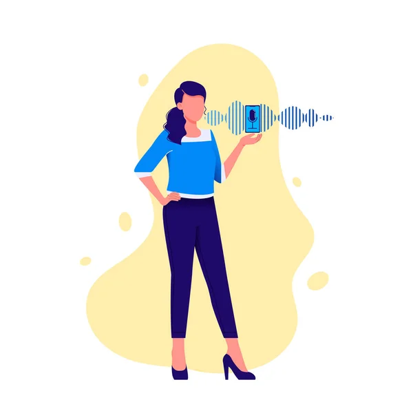 Asistente personal y reconocimiento de voz. Mujer hablando con teléfono inteligente con micrófono y línea de imitación de sonido en el fondo. Tecnologías modernas. Ilustración vectorial plana . — Archivo Imágenes Vectoriales