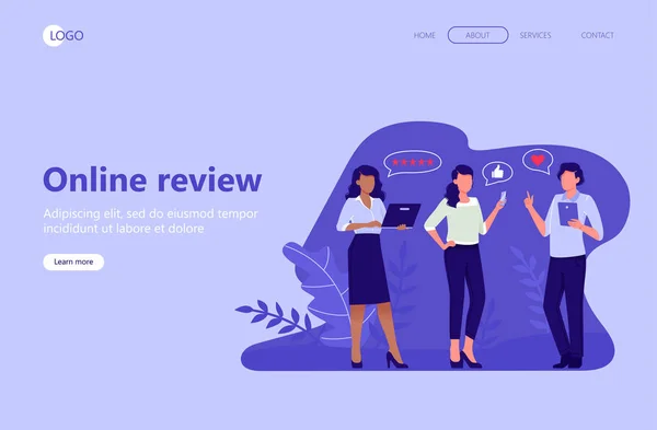Plantilla de landing page web. Revisión en línea. La gente está dando estrellas, retroalimentación y calificación. Pulgar hacia arriba, líneas de estrellas, como iconos. Ilustración de vector plano para web, aplicación móvil, interfaz de usuario, UX, sitio . — Vector de stock