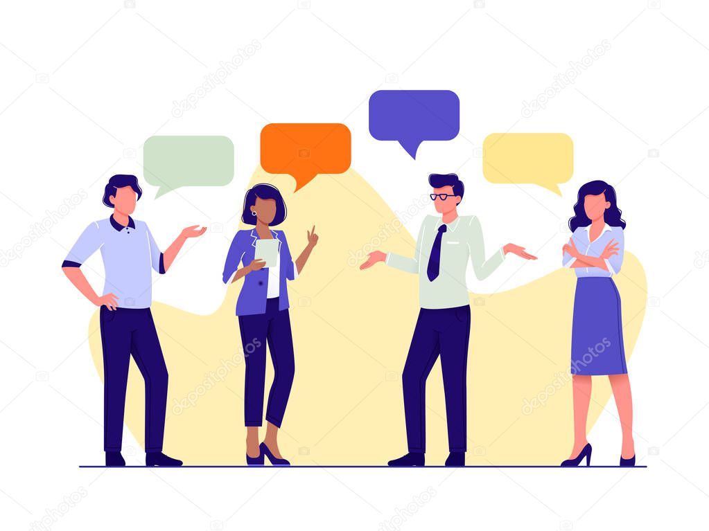 People talking together. Business men and women discuss news, ideas, projects. Dialogue speech bubbles. Brainstorming, chat, looking for idea. Flat vector illustration.