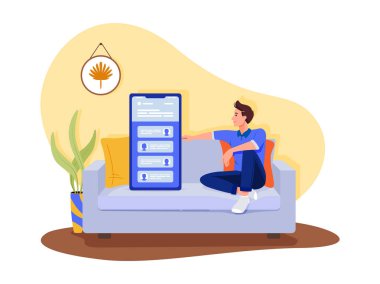 Sosyal ağlar, sohbet, flört uygulaması. Genç adam kanepede büyük akıllı telefon ile oturuyor ve telefonla konuşuyor. Düz vektör kavramı illüstrasyon beyaz izole.