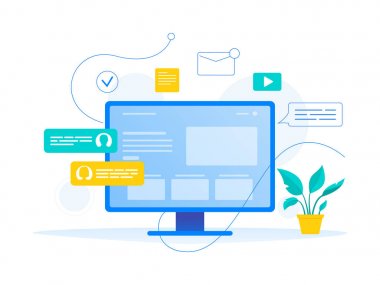 Sosyal ağlar, iletişim sistemleri, modern teknolojiler. Dizüstü bilgisayar ve infografik. Web sitesi, afiş, el ilanı için düz vektör kavramı illüstrasyon. Beyaz üzerine izole.