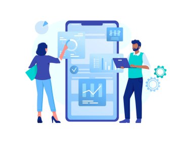 Veri analizi, strateji. Kadın ve erkek büyük akıllı telefon yakınında veri ile çalışıyoruz. Web sitesi, afiş, el ilanı için düz vektör kavramı illüstrasyon. Beyaz üzerine izole.