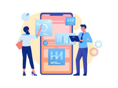 Veri analizi, strateji. Kadın ve erkek büyük akıllı telefon yakınında veri ile çalışıyoruz. Web sitesi, afiş, el ilanı için düz vektör kavramı illüstrasyon. Beyaz üzerine izole.