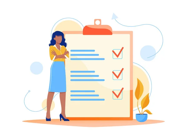 Maand planning, to do list, time management. Vrouw staat in de buurt van grote to do lijst. Plan vervuld, taak voltooid. Vlakke concept vector illustratie, geïsoleerd op wit. — Stockvector