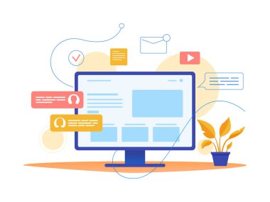 Sosyal ağlar, iletişim sistemleri, modern teknolojiler. Dizüstü bilgisayar ve infografik. Web sitesi, afiş, el ilanı için düz vektör kavramı illüstrasyon. Beyaz üzerine izole.