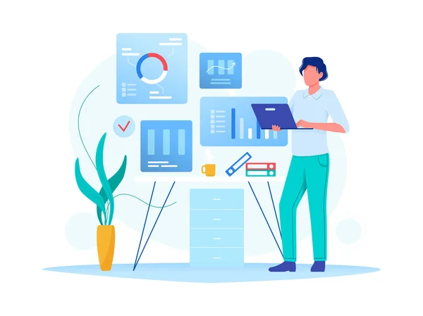 Data analysis, strategy. Man is working with data on the laptop in the office. Flat vector concept illustration for website, banner, flyer. Isolated on white. — Stock Vector