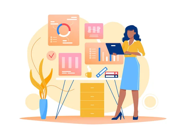 Análisis de datos, estrategia. La mujer está trabajando con los datos del portátil en la oficina. Ilustración de concepto de vector plano para sitio web, banner, volante. Aislado sobre blanco . — Vector de stock