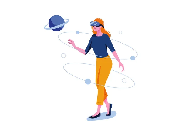 Realidad virtual. Juegos VR, videojuegos, juegos en línea. La mujer está de pie con gafas VR. Ilustración de concepto de vector plano aislado en blanco . — Archivo Imágenes Vectoriales