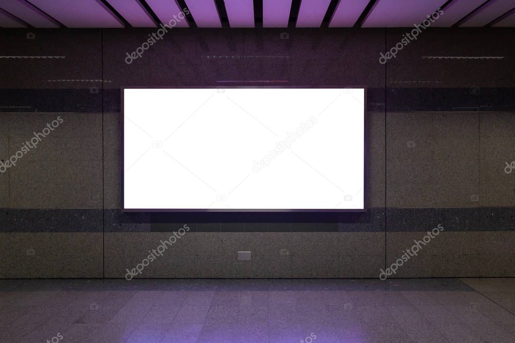 interior with blank billboard  on Subway station .Garage underground   blank billboard on the sideway in Subway station. image for copy space, advertisement.