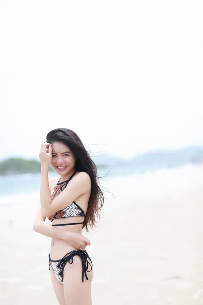 Portrait Pretty Beautiful Sport Fashion Woman Bikini Posing Summer Sea — Stock Photo, Image
