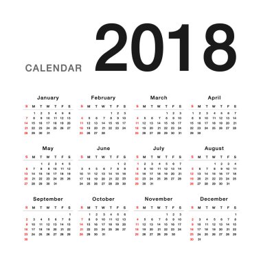 Takvim yılı 2018 vektör tasarım şablonu, temiz ve basit bir tasarım. Kuruluş ve işletme için Takvim için 2018 beyaz arka plan üzerinde. Hafta başlıyor Pazartesi. Basit vektör şablonu. Eps10.