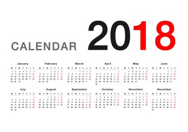 Takvim yılı 2018 vektör tasarım şablonu, temiz ve basit bir tasarım. Kuruluş ve işletme için Takvim için 2018 beyaz arka plan üzerinde. Hafta başlıyor Pazartesi. Basit vektör şablonu. Eps10.