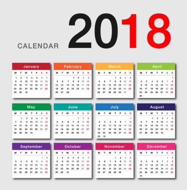 Takvim yılı 2018 vektör tasarım şablonu, temiz ve basit bir tasarım. Kuruluş ve işletme için Takvim için 2018 beyaz arka plan üzerinde. Hafta başlıyor Pazartesi. Basit vektör şablonu. Eps10.