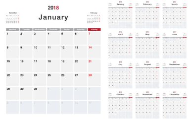 Takvim yılı 2018 yatay vektör tasarım şablonu, temiz ve basit bir tasarım. Kuruluş ve işletme için Takvim için 2018 beyaz arka plan üzerinde. Hafta başlıyor Pazartesi. Basit vektör şablonu. Eps10. 